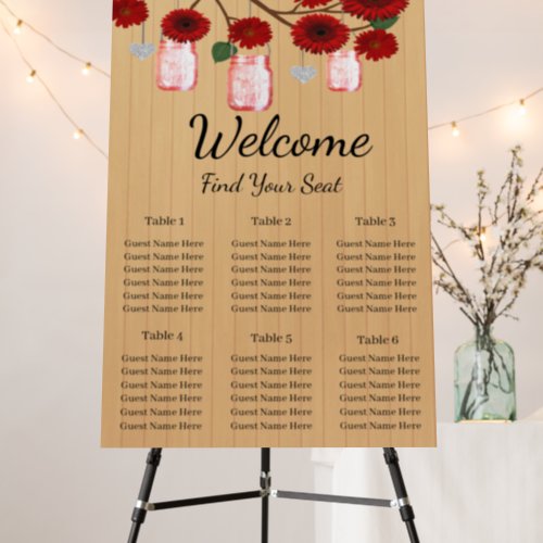 Rustic Wood Red Floral Mason Jars Seating Chart Foam Board