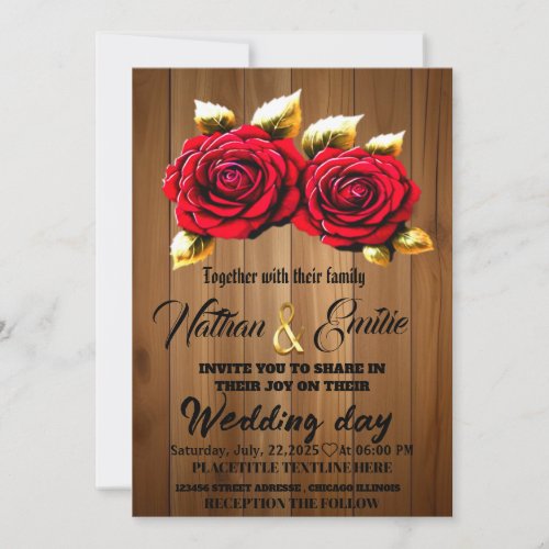 Rustic wood red flowers romantic wedding invitatio invitation