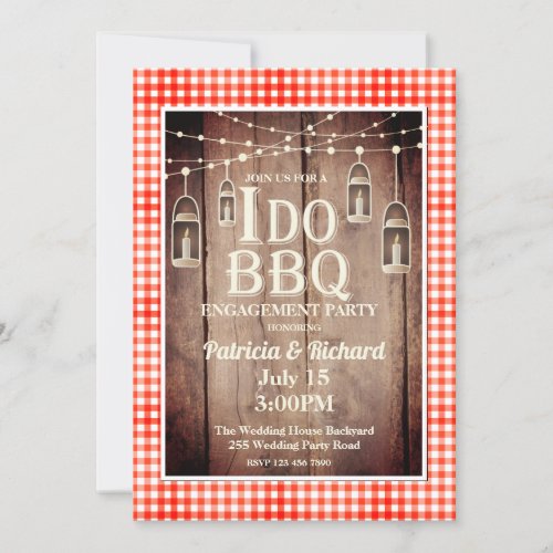 Rustic Wood Red Gingham  I Do BBQ Engagement Invitation