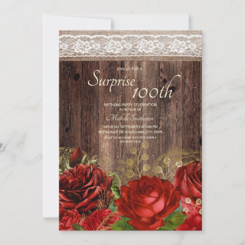 Rustic Wood Red Gold Flowers Burlap Surprise 100th Invitation