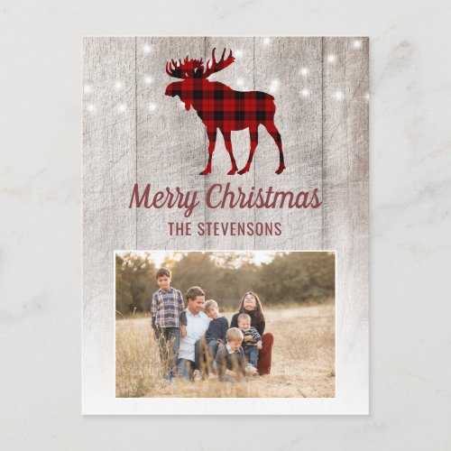 Rustic Wood Red Plaid Moose String Light Christmas Holiday Postcard