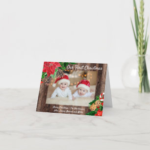 Rustic Wood Red Poinsettias Our First Christmas Holiday Card