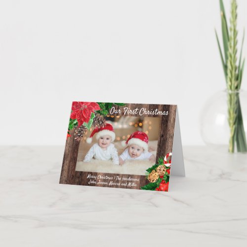 Rustic Wood Red Poinsettias Our First Christmas Holiday Card