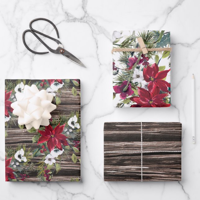 Rustic Wood Red Poinsettias Pine Needles Christmas Wrapping Paper Sheets (Front)