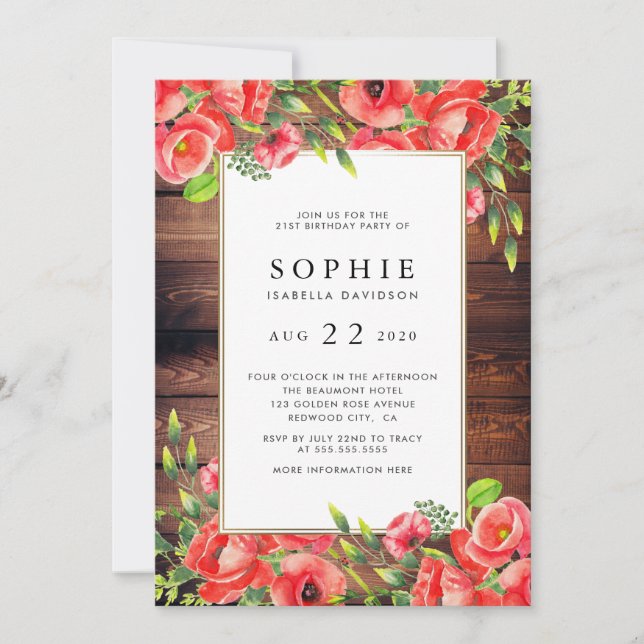 Rustic Wood & Red Poppy Floral Birthday Party Invitation (Front)