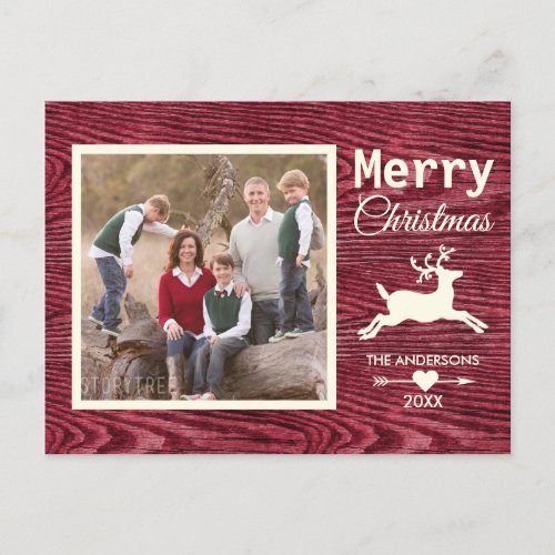 Rustic Wood Red Reindeer Christmas Family Photo Holiday Postcard