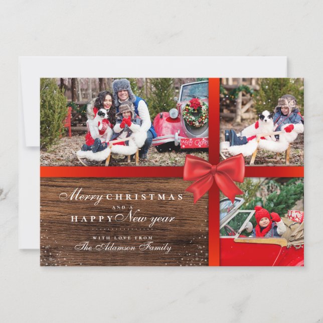 Rustic Wood & Red Ribbon 3 Photo Christmas Collage Holiday Card (Front)