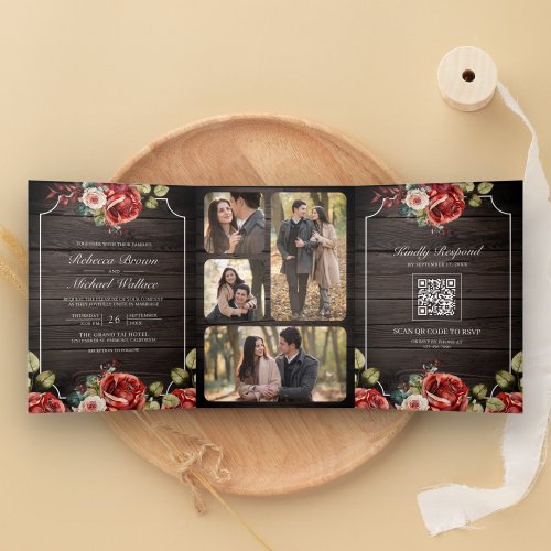 Rustic Wood Red Roses Floral Frame QR Code Wedding Tri_Fold Invitation