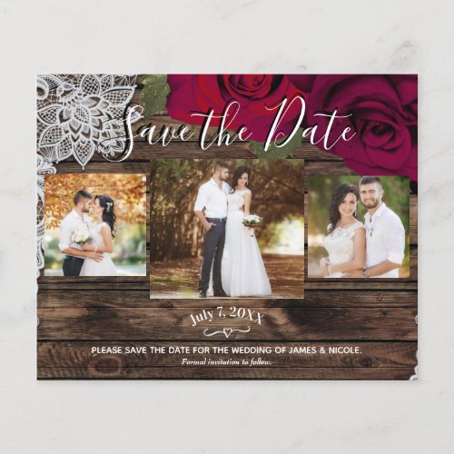 Rustic Wood Red Roses Floral Photo Save the Date