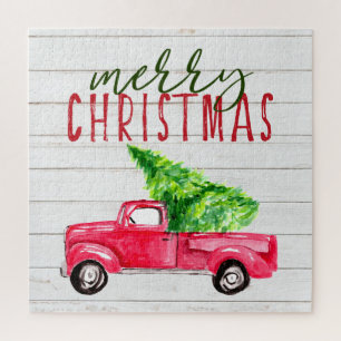 Rustic Wood Red Truck christmas tree festive farm Jigsaw Puzzle