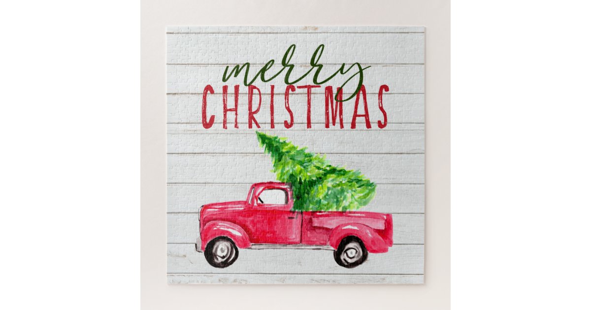 Rustic Wood Red Truck Christmas Tree Festive Farm Jigsaw Puzzle Zazzle Com