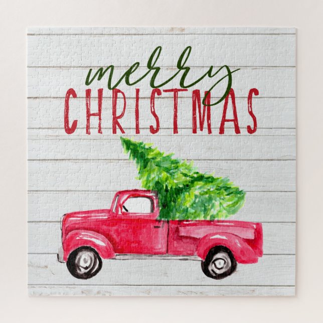 Rustic Wood Red Truck christmas tree festive farm Jigsaw Puzzle (Vertical)