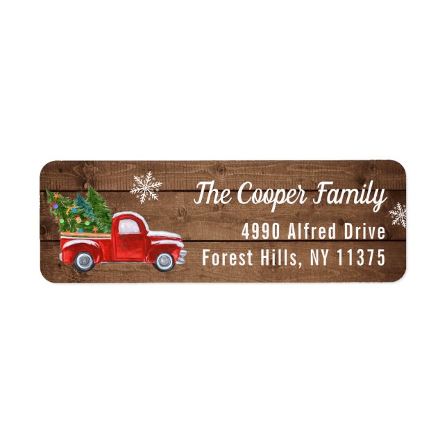 Rustic Wood Red Truck Christmas Tree Snowflakes Label (Front)
