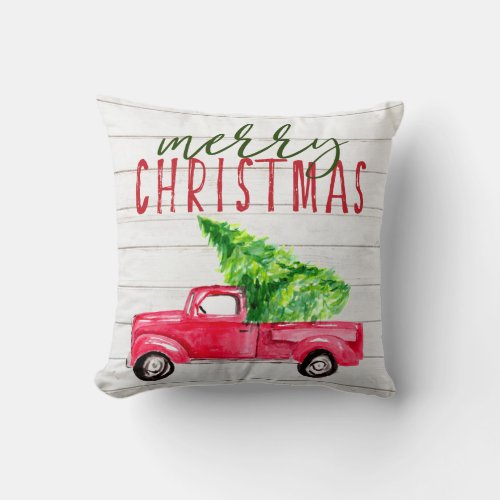 rustic wood red vintage truck merry christmas throw pillow