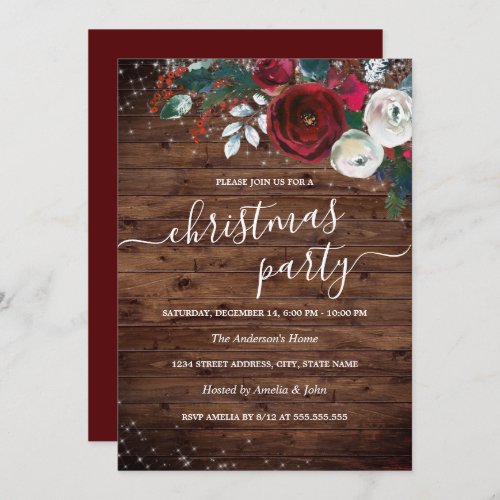 Rustic Wood Red White Floral Christmas Party  Invitation