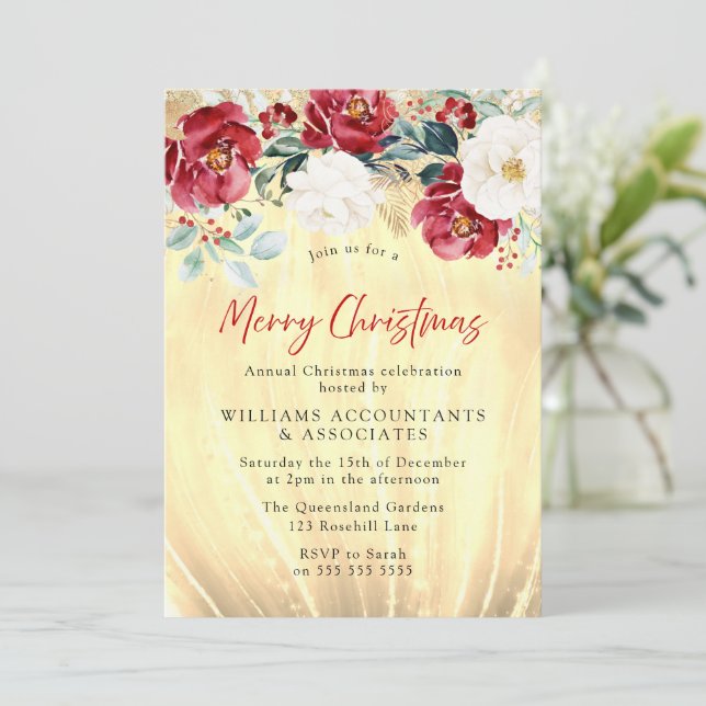 Rustic Wood Red White Gold Merry Christmas Party Invitation (Standing Front)