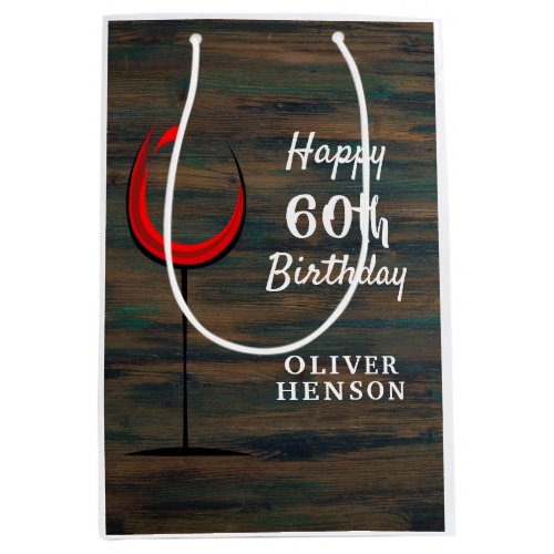 Rustic Wood Red Wine 60th Birthday  Medium Gift Bag