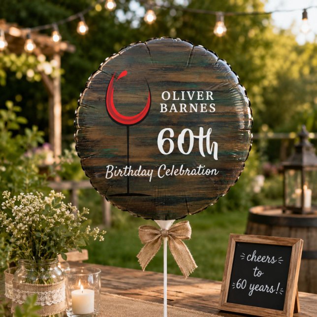 Rustic Wood Red Wine 60th Birthday Party Balloon (Creator Uploaded)