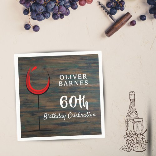 Rustic Wood Red Wine 60th Birthday Party Napkins