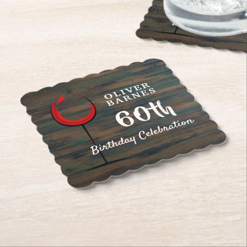 Rustic Wood Red Wine 60th Birthday Party Paper Coaster