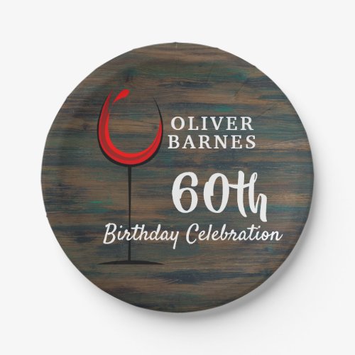 Rustic Wood Red Wine 60th Birthday Party Paper Plates