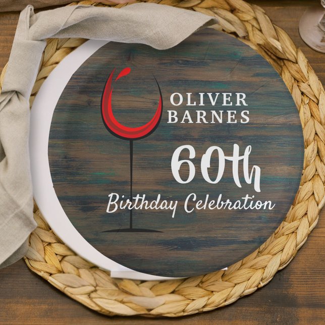 Rustic Wood Red Wine 60th Birthday Party Paper Plates (Creator Uploaded)