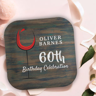 Rustic Wood Red Wine 60th Birthday Party Paper Plates