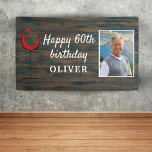 Rustic Wood Red Wine 60th Birthday Photo Backdrop Banner<br><div class="desc">Rustic Wood Red Wine 60th Birthday Photo Backdrop Banner. Birthday banner with rustic dark wood background and abstract glass with red wine. The text is in a trendy white script and is easily customizable. Add your photo.</div>