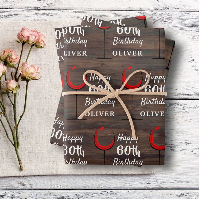 Rustic Wood Red Wine 60th Birthday  Wrapping Paper Sheets (Creator Uploaded)