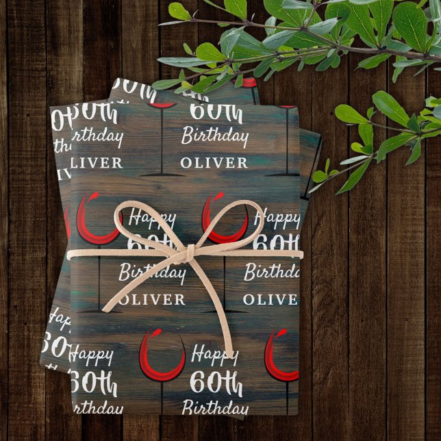 Rustic Wood Red Wine 60th Birthday  Wrapping Paper Sheets (Creator Uploaded)