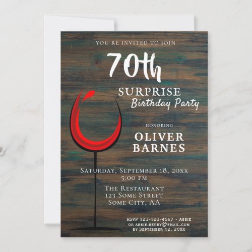 Rustic Wood Red Wine 70th Birthday Surprise Party Invitation