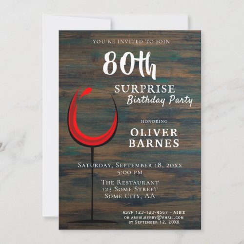 Rustic Wood Red Wine 80th Birthday Surprise Party Invitation