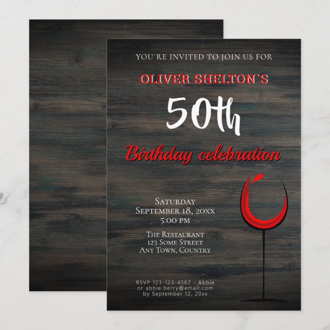 Rustic Wood Red Wine Glass 50th Birthday Party Invitation (Front/Back)