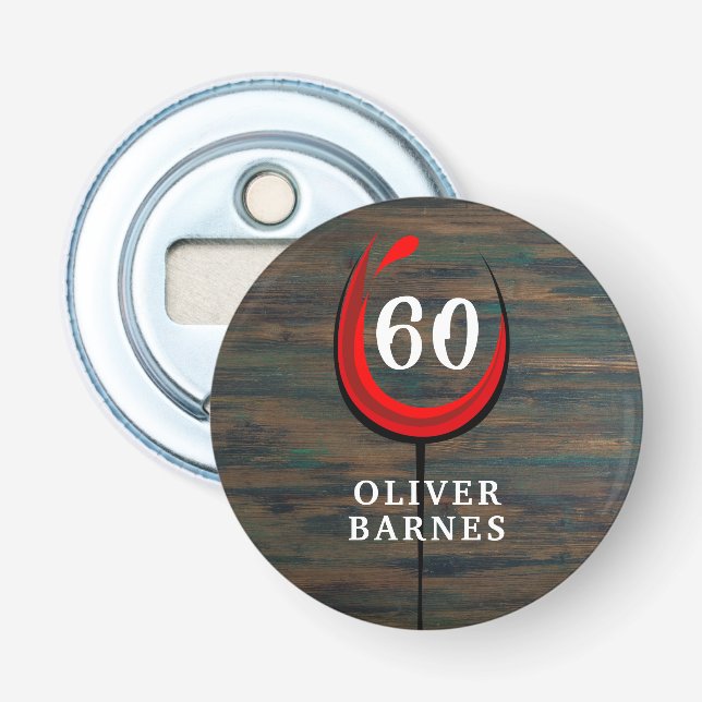 Rustic Wood Red Wine Glass 60th Birthday Bottle Opener (Front)