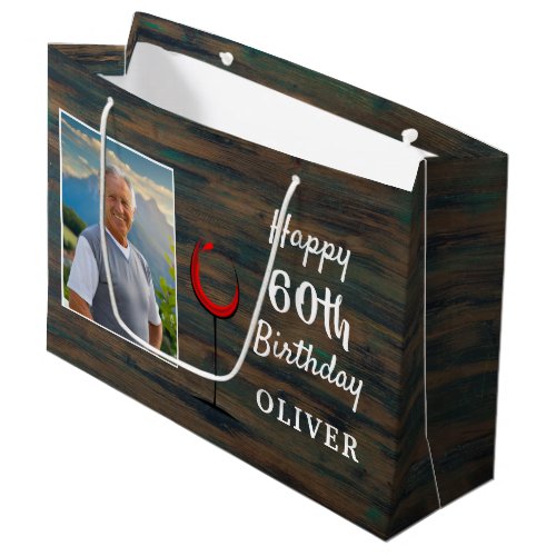 Rustic Wood Red Wine Glass 60th Birthday Photo Large Gift Bag