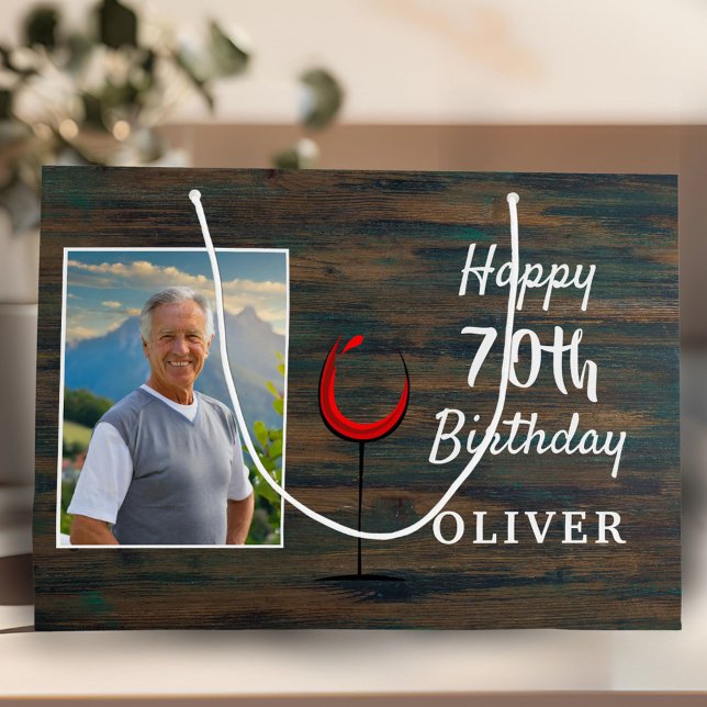 Rustic Wood Red Wine Glass 70th Birthday Photo Large Gift Bag (Creator Uploaded)