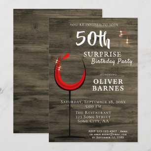 Rustic Wood Red Wine Surprise 50th Birthday Party Invitation