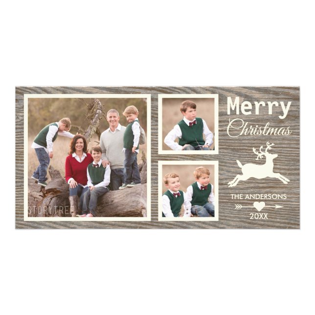 Rustic Wood Reindeer Beige Christmas Photo Card (Front)