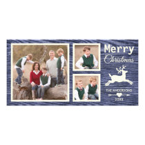 Rustic Wood Reindeer Blue Christmas Photo Card