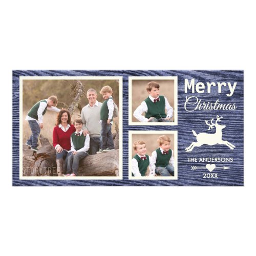 Rustic Wood Reindeer Blue Christmas Photo Card