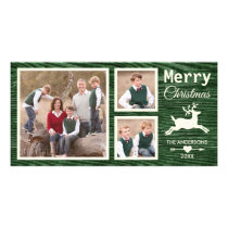 Rustic Wood Reindeer Green Christmas Photo Card