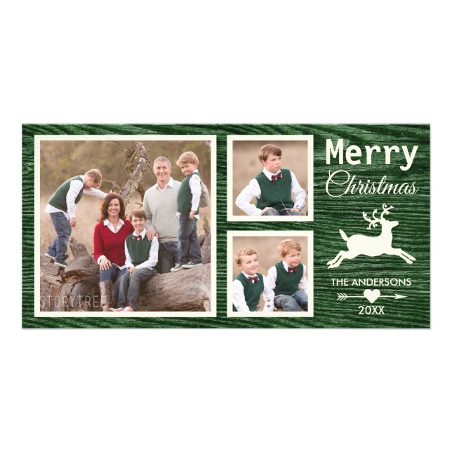Rustic Wood Reindeer Green Christmas Photo Card (Front)