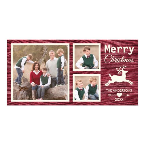 Rustic Wood Reindeer Red Christmas Photo Card