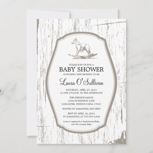 Rustic Wood Rocking Horse Baby Shower Invitation (Front)