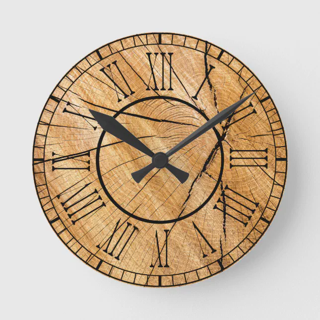 Rustic Wood Roman Numeral Round Clock | Zazzle