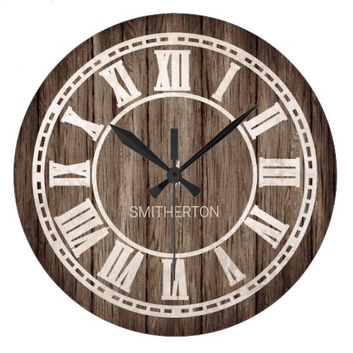 Rustic Wood Roman Numerals Country Farmhouse Name Large Clock