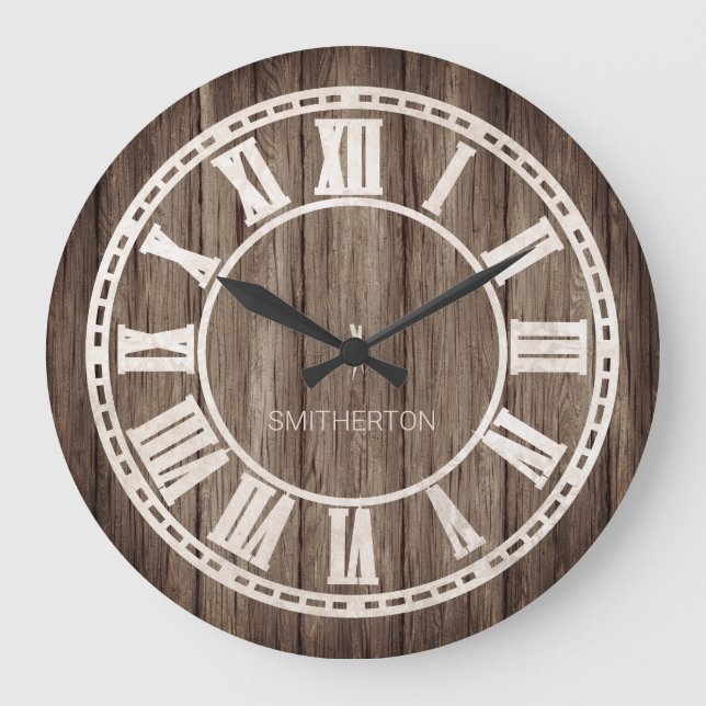 Rustic Wood Roman Numerals Country Farmhouse Name Large Clock (Front)