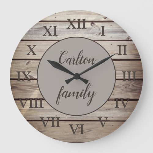 Rustic Wood Roman Numerals Family Name Custom Large Clock