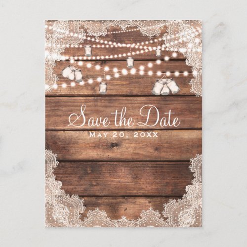 Rustic Wood Romantic Lace Mason Jars Save the Date Announcement Postcard