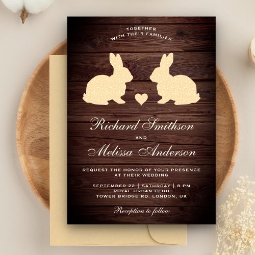 Rustic Wood Romantic Rabbits Wedding Invitation